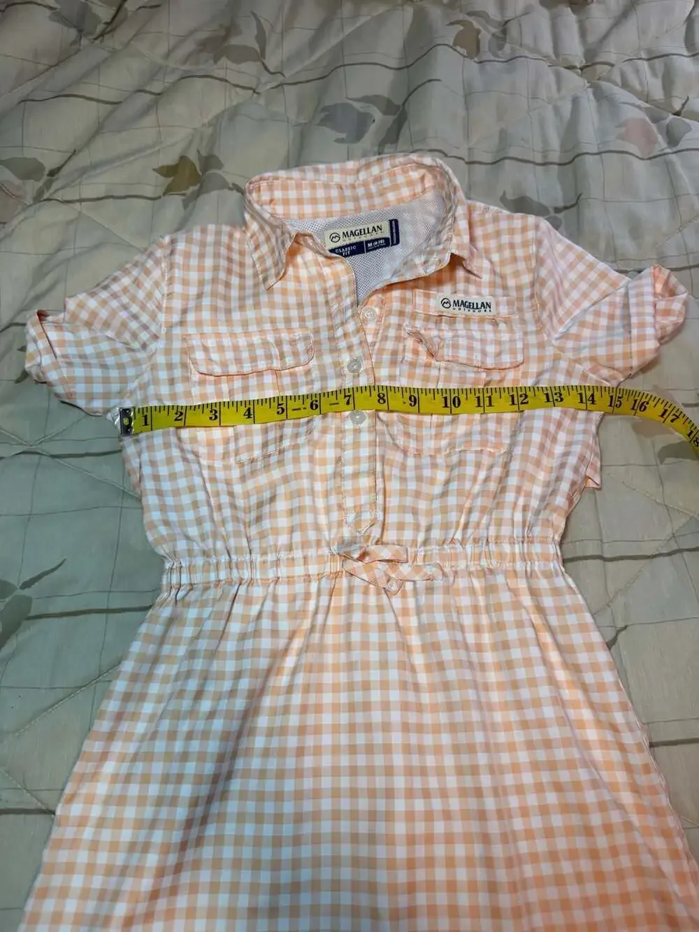 Magellan Outdoors Girls Peach Gingham Short Sleeve Button-Front Shirt Dress
